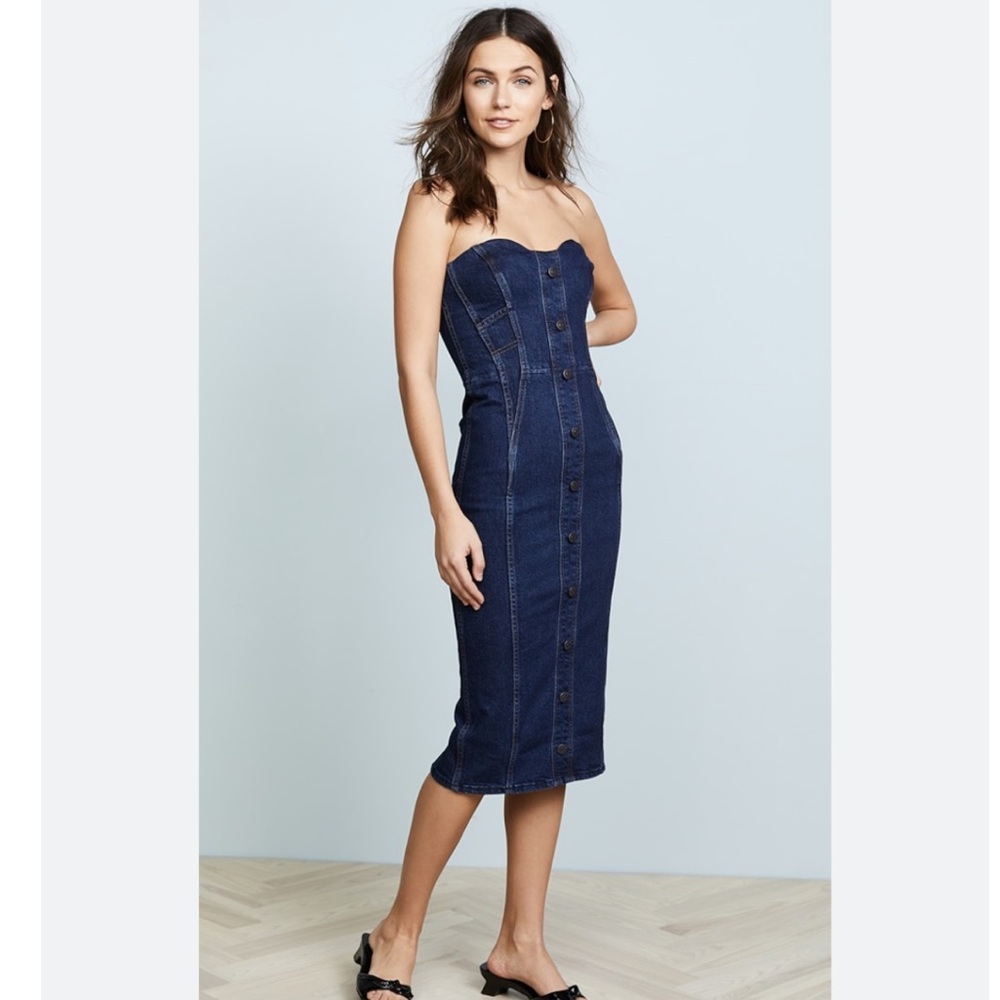 NWOT Veronica Beard sz 0 Dress Midi Denim Blue Strapless stretch fitted Fall
